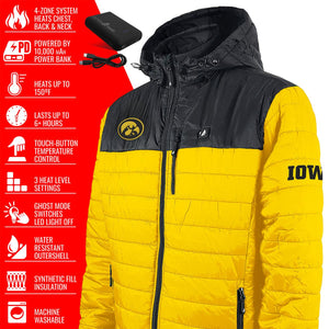 ActionHeat Iowa branded heated jacket with power bank and feature list