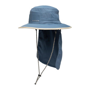 Mission blue sun hat with neck flap and adjustable chin strap