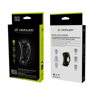 DonJoy Dual Pull Patella Stabilizer packaging showing product features and recommended use