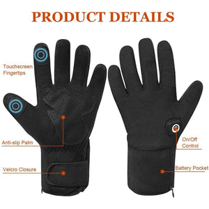 Black heated gloves showing touchscreen fingertips anti-slip palm velcro closure and battery pocket