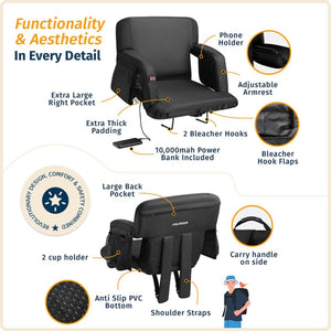 Alpcour stadium seat features including power bank, adjustable armrests, pockets, and carry straps