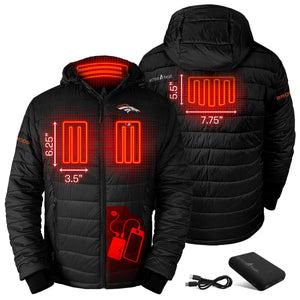 ActionHeat Denver Broncos heated jacket showing heating element locations and battery pack