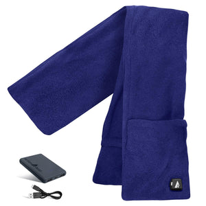 Blue ActionHeat fleece scarf with battery pack and charging cable