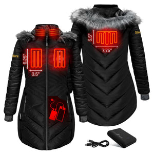 ActionHeat black Steelers heated parka with heating element dimensions and battery pack