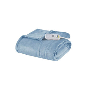 Folded blue Serta heated throw blanket with controller