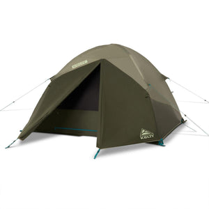 Kelty dome tent in olive and tan with open front door