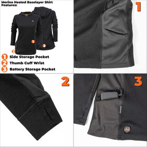 Mobile Warming Merino heated baselayer shirt showing side storage pocket thumb cuff and battery storage pocket features