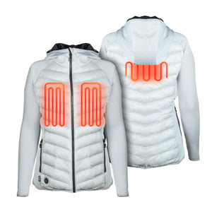 White hooded heated jacket showing internal heating elements on chest and back