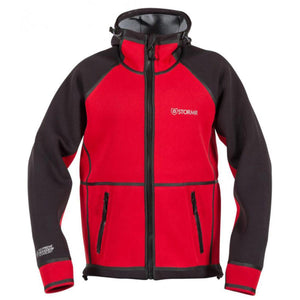 Stormr red and black neoprene hooded jacket with front zipper and pockets