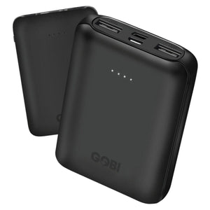 Black Gobi portable power bank with two USB output ports and LED battery indicator lights