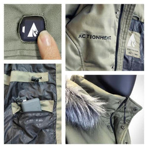 ActionHeat jacket features showing power button, branding, battery pocket, and faux fur hood trim