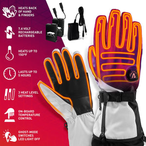 Aheata heated gloves with battery and charger showing heating zones and technical specifications