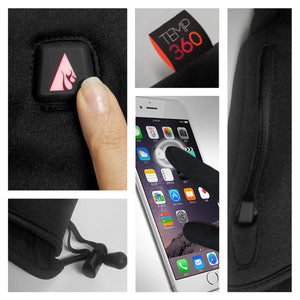 Temp 360 heated gloves showing power button, touchscreen compatibility, and adjustable wrist strap