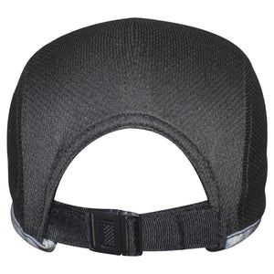 Back view of a black baseball cap with an adjustable strap and plastic buckle closure