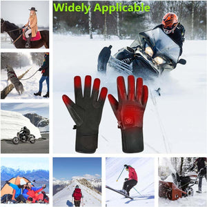 Heated gloves shown with various outdoor winter activities including skiing snowmobiling and horse riding