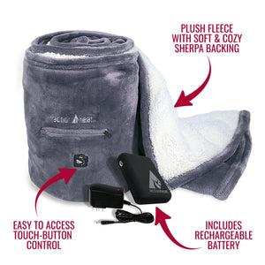 ActionHeat grey fleece blanket with sherpa backing, touch button control, and rechargeable battery
