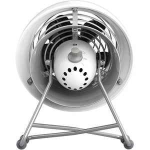 White floor fan with metal stand and speed control knob