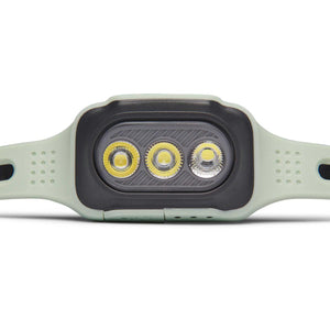 Sage green headlamp with three LED lights and adjustable silicone strap