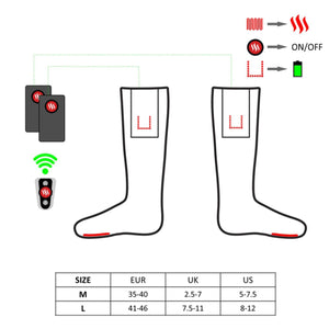 Diagram of heated socks with remote control battery pack and size chart for medium and large options