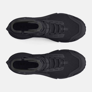 Top view of black Under Armour tactical boots with laces and mesh panels