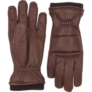 Hestra brown leather gloves with ribbed knit cuffs