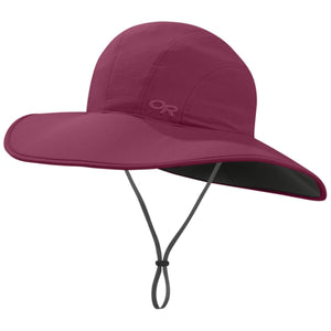 Outdoor Research maroon sun hat with wide brim and adjustable chin strap
