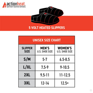 ActionHeat 5 volt heated slippers unisex size chart showing slipper sizes compared to US men and women shoe sizes