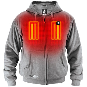 ActionHeat grey zip up hoodie with visible glowing red heating elements on the chest