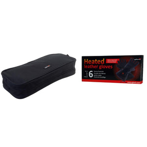 Glovii heated leather gloves in a black storage case with product packaging