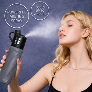 Woman using an AlphaCool misting water bottle to spray her face