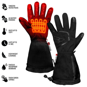 Black and red battery powered heated gloves with waterproof Fantex membrane and touch screen capability
