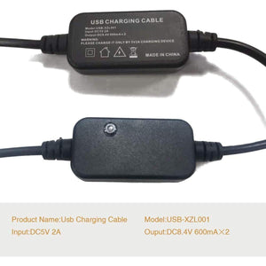USB charging cable model USB-XZL001 with input DC5V 2A and output DC8.4V 600mA x 2
