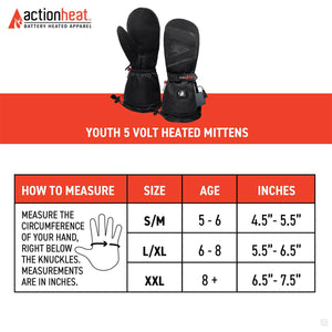 ActionHeat youth 5 volt heated mittens with size chart showing age and hand circumference measurements