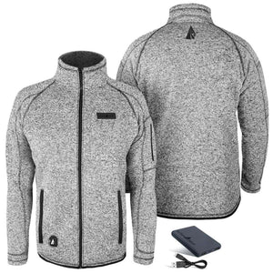 ActionHeat grey heather fleece jacket with front and back views and included power bank and charging cable