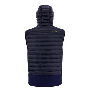 Back view of a navy blue hooded puffer vest with Powered Heat branding