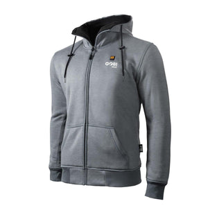 Gobi Heat grey zip up hoodie with black drawstring hood and chest logo