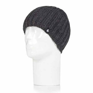 Dark grey ribbed knit beanie on a white mannequin head