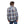 Back view of a man wearing a blue and tan plaid long sleeve flannel shirt