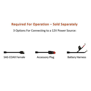 Three 12V power source connection options including SAE-COAX female, accessory plug, and battery harness