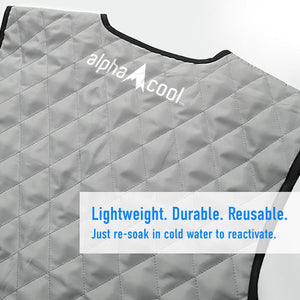 AlphaCool grey quilted cooling vest with text overlay describing lightweight durable and reusable features