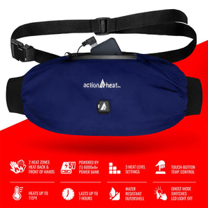 ActionHeat blue heated hand warmer muff with power bank and feature icons