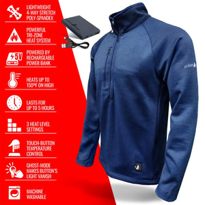 ActionHeat blue heated quarter zip pullover with power bank and feature list