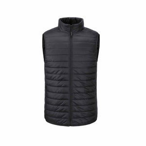 Black quilted puffer vest with a high collar and full front zipper