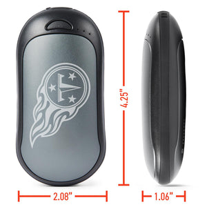 Tennessee Titans hand warmer with dimensions showing 4.25 inches height 2.08 inches width and 1.06 inches depth