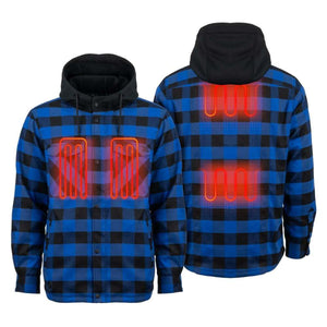 Mobile Warming blue and black plaid hooded shirt with highlighted internal heating elements