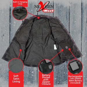 NexGen Heat jacket interior showing hanging loop, satin lining, zippered battery pocket, and 7.4V battery