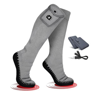 ActionHeat grey heated socks with black soles and battery pack with charging cable