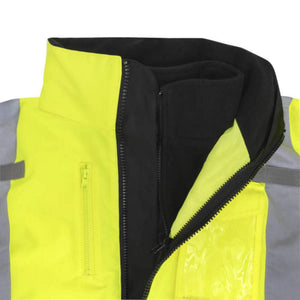 Radians high visibility yellow jacket with black fleece lining and zipper closure