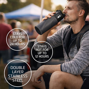 Man drinking from a black Alpha Cool stainless steel insulated water bottle