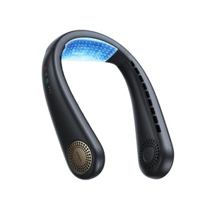 Torras black wearable neck fan with blue cooling plate and side control buttons